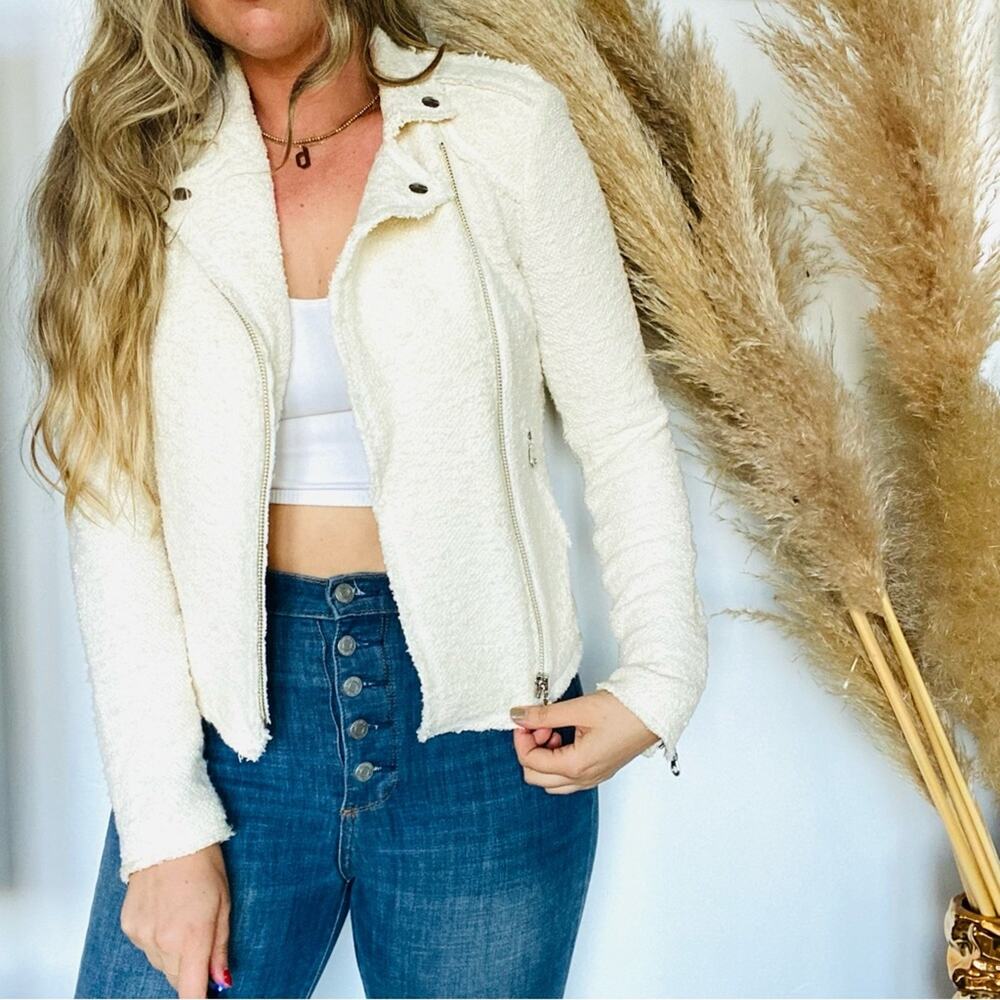 REBECCA TAYLOR White Cream Popcorn Textured Side Zip Blazer Moto Biker Jacket 4